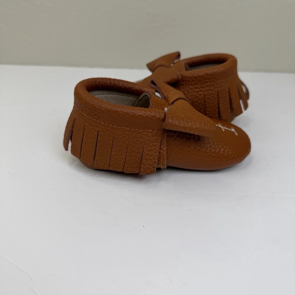 Monkey Feet Brown Baby Leather With Fringe and Bow Detail Slip-on Moccasin Shoes